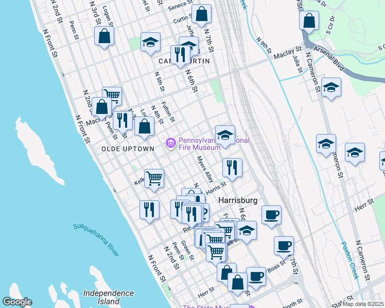 map of restaurants, bars, coffee shops, grocery stores, and more near 423 Kelker Street in Harrisburg