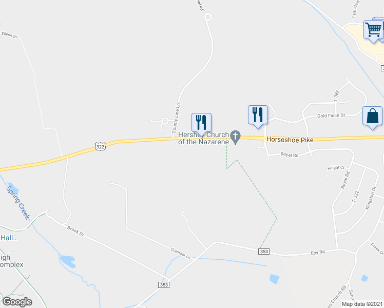 map of restaurants, bars, coffee shops, grocery stores, and more near 1016 East Governor Road in Hershey