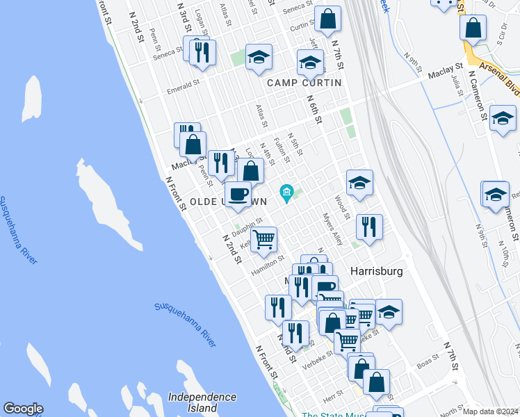 map of restaurants, bars, coffee shops, grocery stores, and more near 1834 North 3rd Street in Harrisburg
