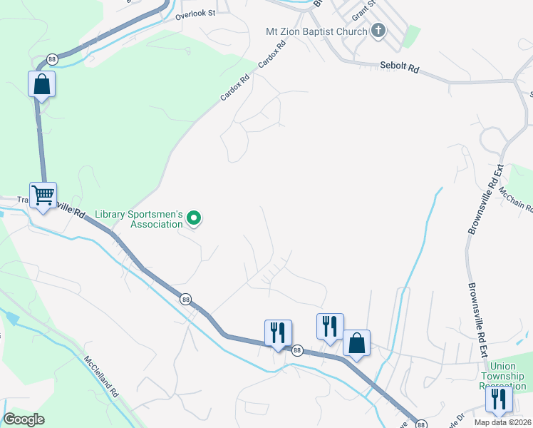 map of restaurants, bars, coffee shops, grocery stores, and more near 6070 Hidden Hollow Road in Finleyville