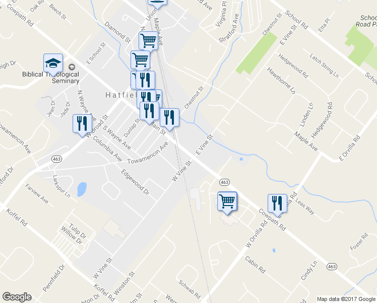 map of restaurants, bars, coffee shops, grocery stores, and more near 453 South Main Street in Hatfield
