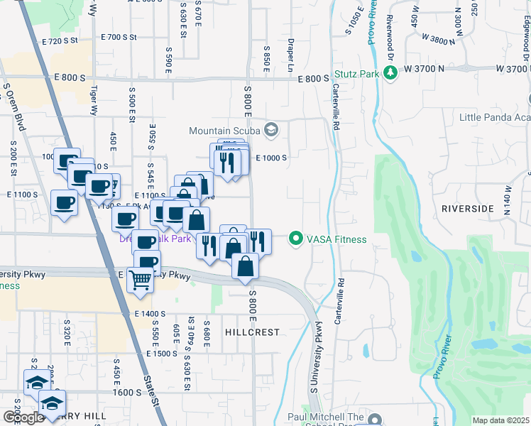 map of restaurants, bars, coffee shops, grocery stores, and more near 1155 South 800 East in Orem