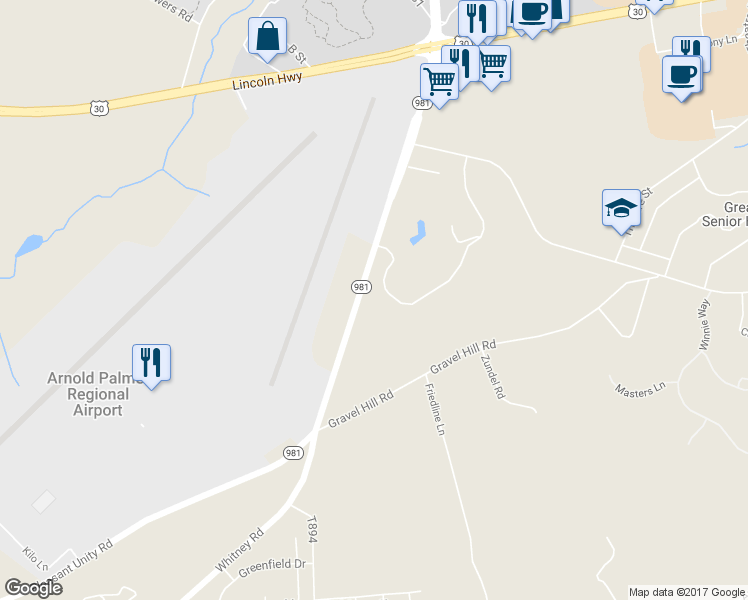 map of restaurants, bars, coffee shops, grocery stores, and more near 5634 Pennsylvania 981 in Latrobe