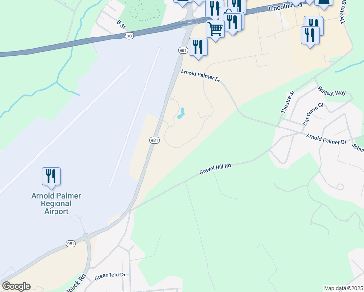 map of restaurants, bars, coffee shops, grocery stores, and more near 5634 Pennsylvania 981 in Latrobe