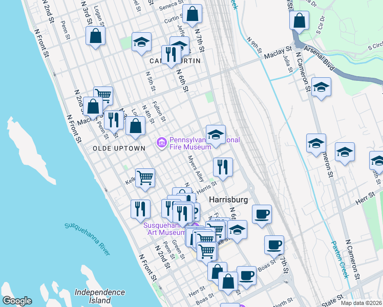map of restaurants, bars, coffee shops, grocery stores, and more near 1730 1/2 North 5th Street in Harrisburg