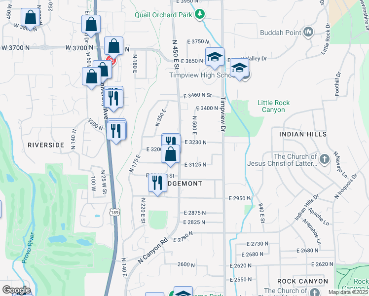 map of restaurants, bars, coffee shops, grocery stores, and more near 3210 North Canyon Road in Provo