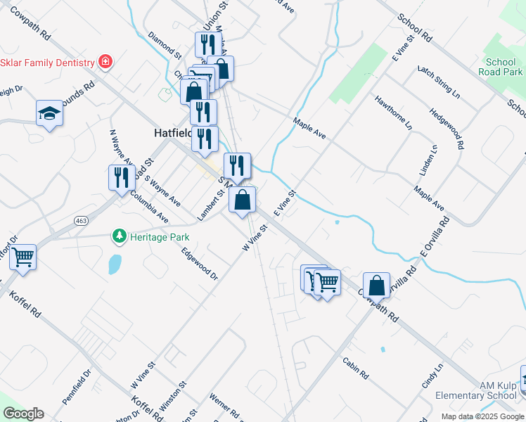 map of restaurants, bars, coffee shops, grocery stores, and more near 453 South Main Street in Hatfield