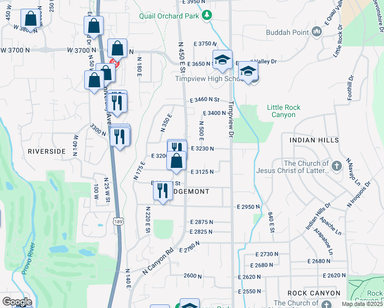 map of restaurants, bars, coffee shops, grocery stores, and more near 3210 North Canyon Road in Provo