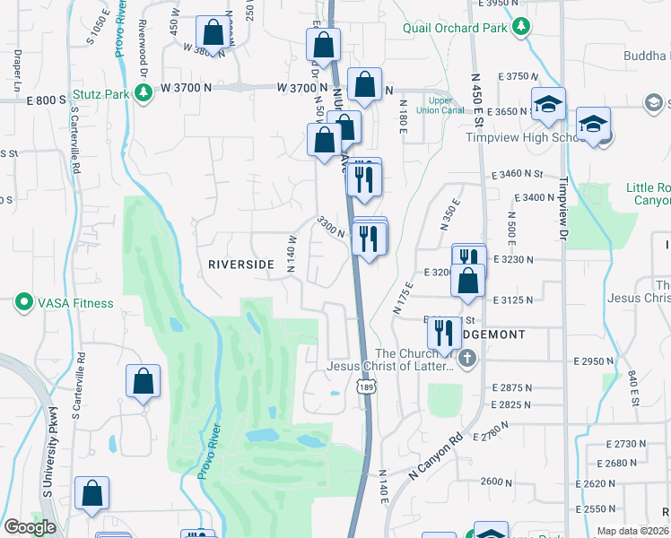 map of restaurants, bars, coffee shops, grocery stores, and more near 3221 North Shadowbrook Circle in Provo