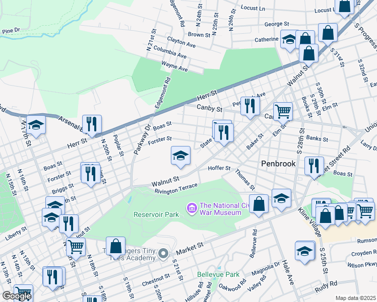 map of restaurants, bars, coffee shops, grocery stores, and more near 29 Spring Street in Harrisburg