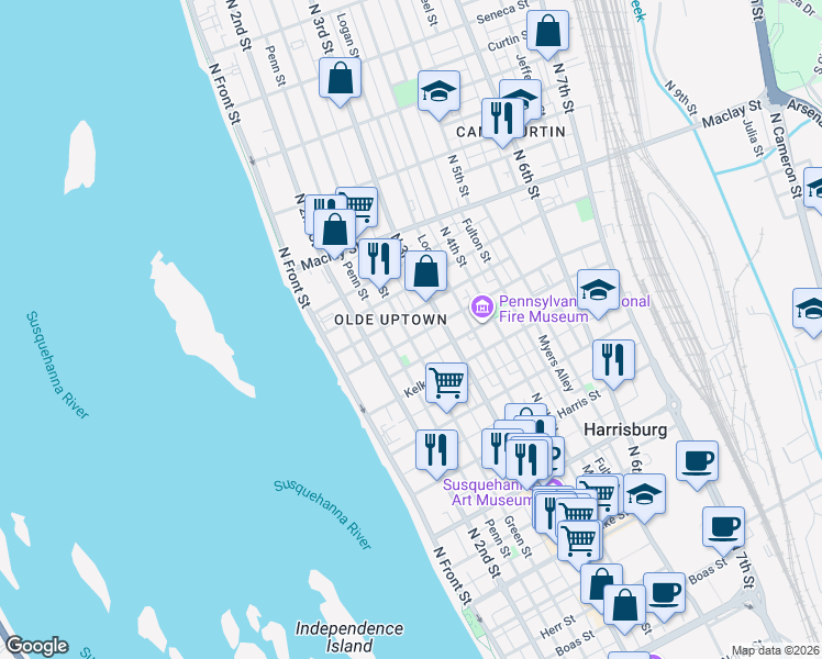 map of restaurants, bars, coffee shops, grocery stores, and more near 1905 Green Street in Harrisburg