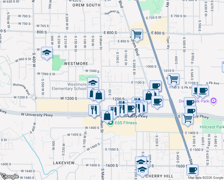 map of restaurants, bars, coffee shops, grocery stores, and more near 1155 50 East in Orem