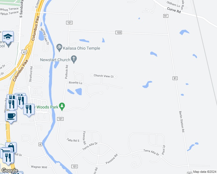 map of restaurants, bars, coffee shops, grocery stores, and more near 626 Riverby Lane in Delaware