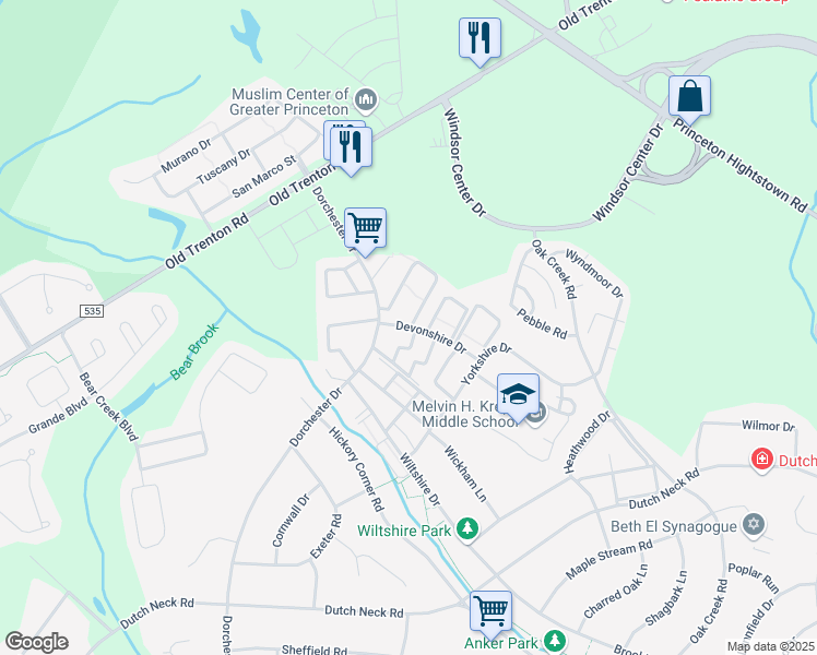 map of restaurants, bars, coffee shops, grocery stores, and more near 9 Devonshire Drive in Hightstown