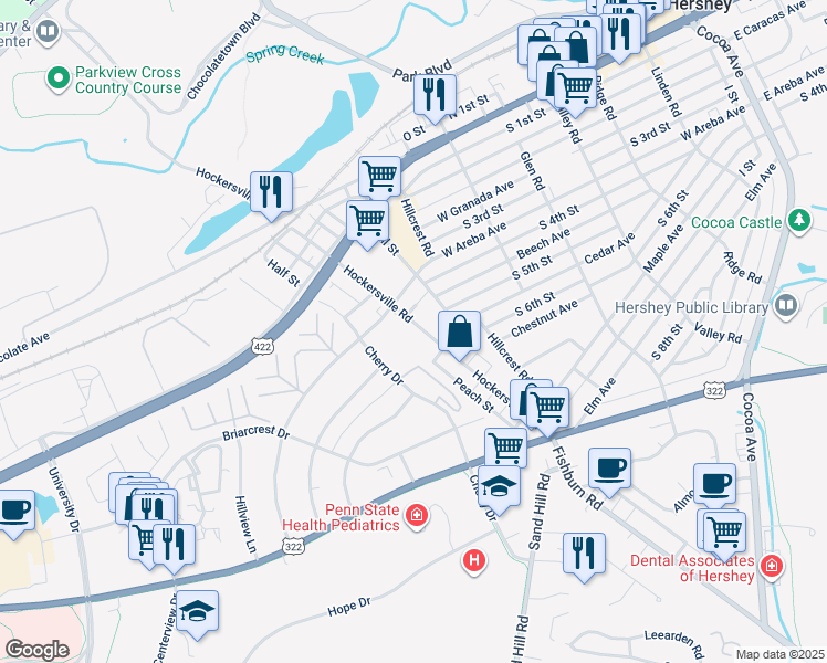 map of restaurants, bars, coffee shops, grocery stores, and more near 332 Hockersville Road in Hershey
