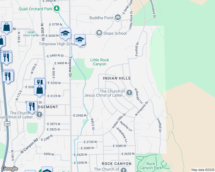 map of restaurants, bars, coffee shops, grocery stores, and more near 3202 North Cherokee Lane in Provo