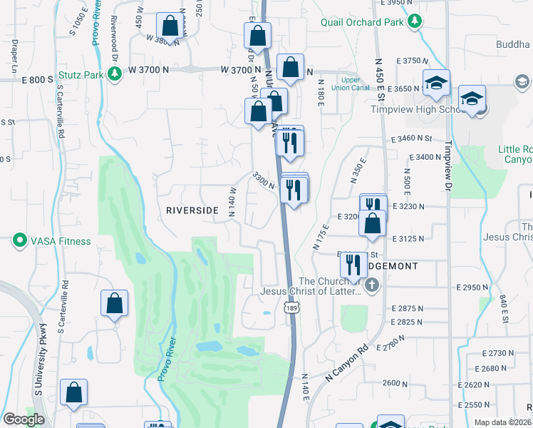 map of restaurants, bars, coffee shops, grocery stores, and more near 3257 North Shadowbrook Circle in Provo