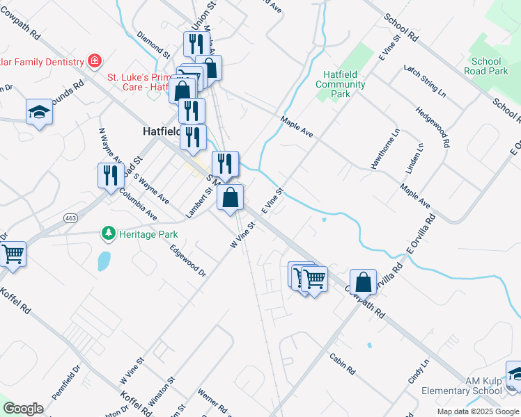 map of restaurants, bars, coffee shops, grocery stores, and more near 447 South Main Street in Hatfield