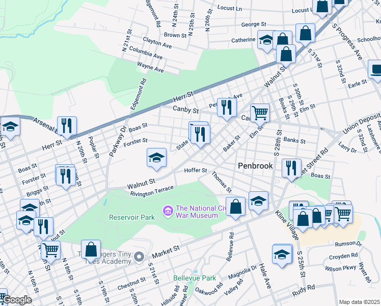 map of restaurants, bars, coffee shops, grocery stores, and more near 2391 State Street in Harrisburg