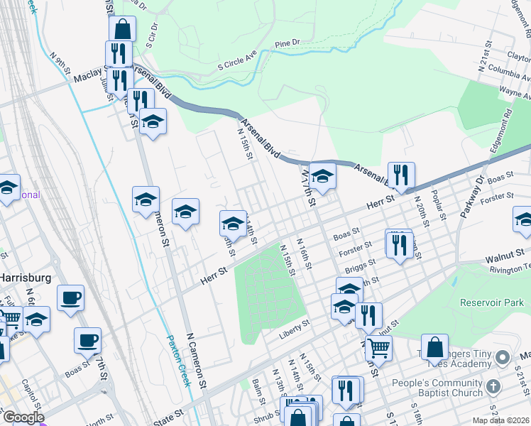 map of restaurants, bars, coffee shops, grocery stores, and more near 1302 North 15th Street in Harrisburg