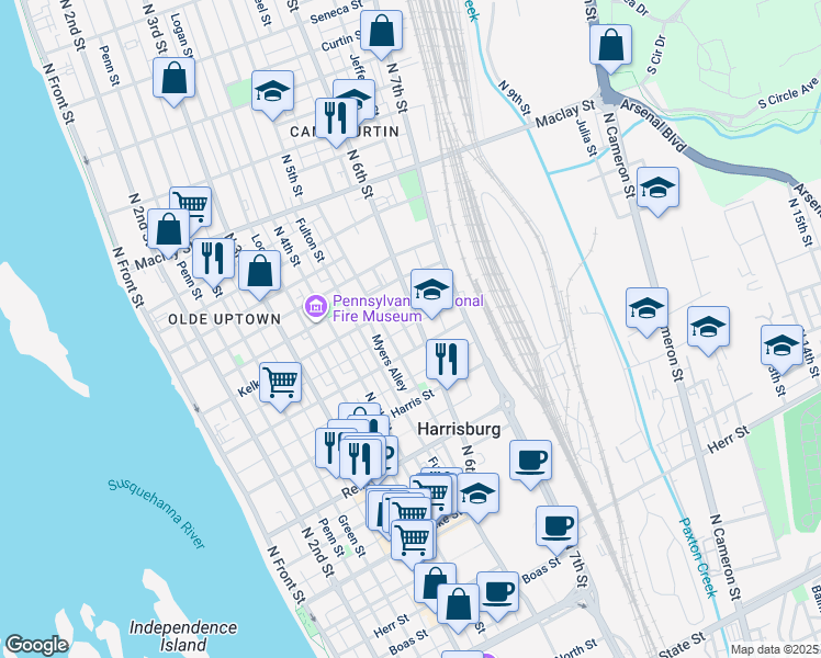 map of restaurants, bars, coffee shops, grocery stores, and more near 1728 North 6th Street in Harrisburg