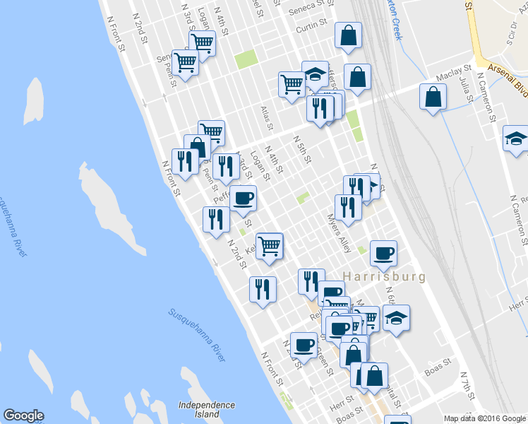 map of restaurants, bars, coffee shops, grocery stores, and more near 1907 Susquehanna Street in Harrisburg