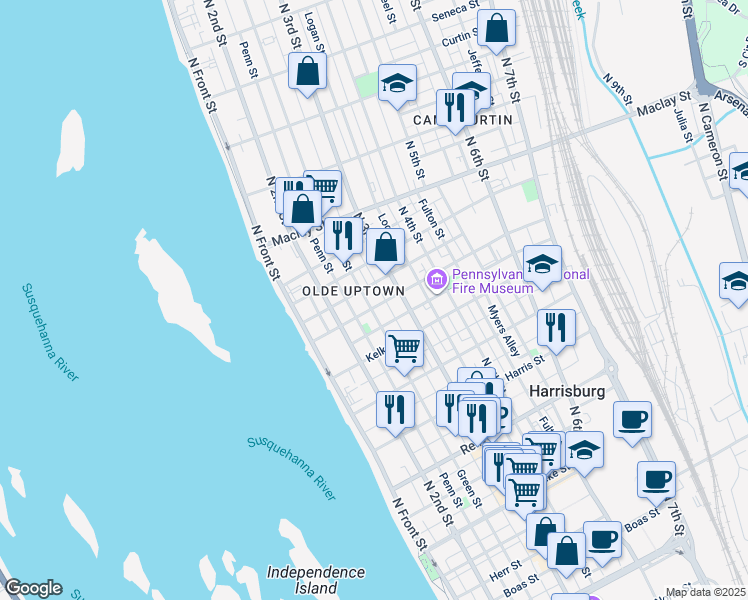 map of restaurants, bars, coffee shops, grocery stores, and more near 1907 Susquehanna Street in Harrisburg