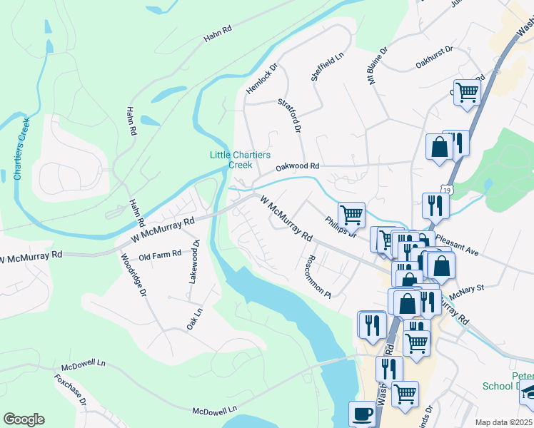 map of restaurants, bars, coffee shops, grocery stores, and more near 603 Carriage Hill in Canonsburg