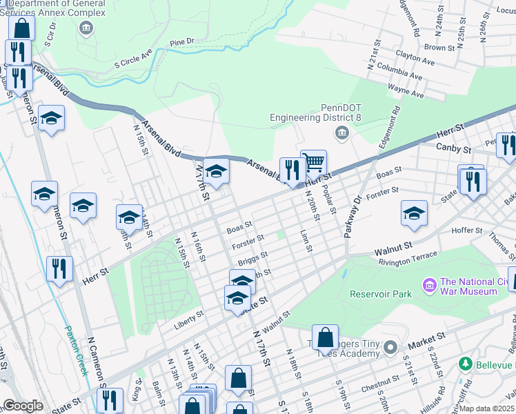 map of restaurants, bars, coffee shops, grocery stores, and more near 1829 Herr Street in Harrisburg