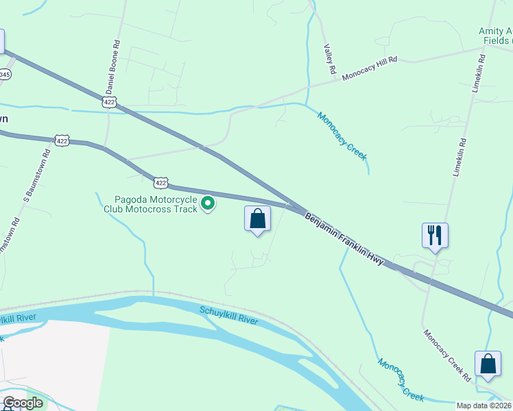 map of restaurants, bars, coffee shops, grocery stores, and more near 100 Benjamin Franklin Highway in Birdsboro