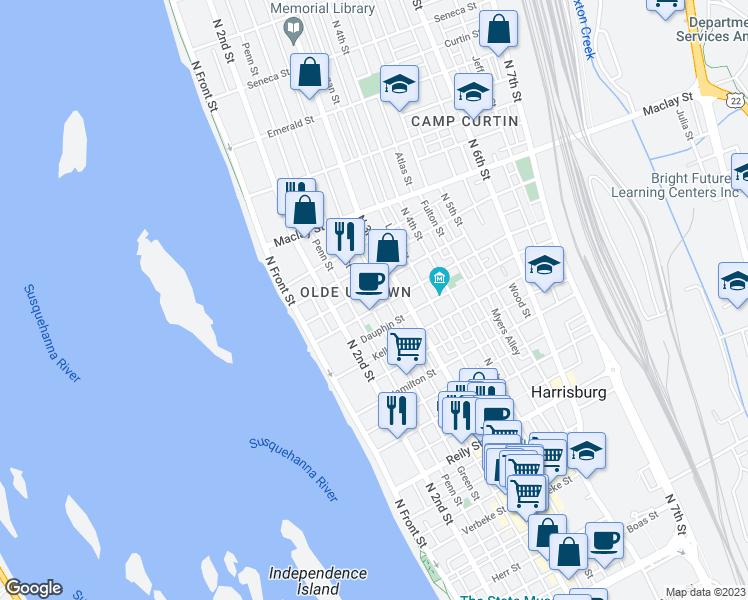 map of restaurants, bars, coffee shops, grocery stores, and more near 1907 Green Street in Harrisburg