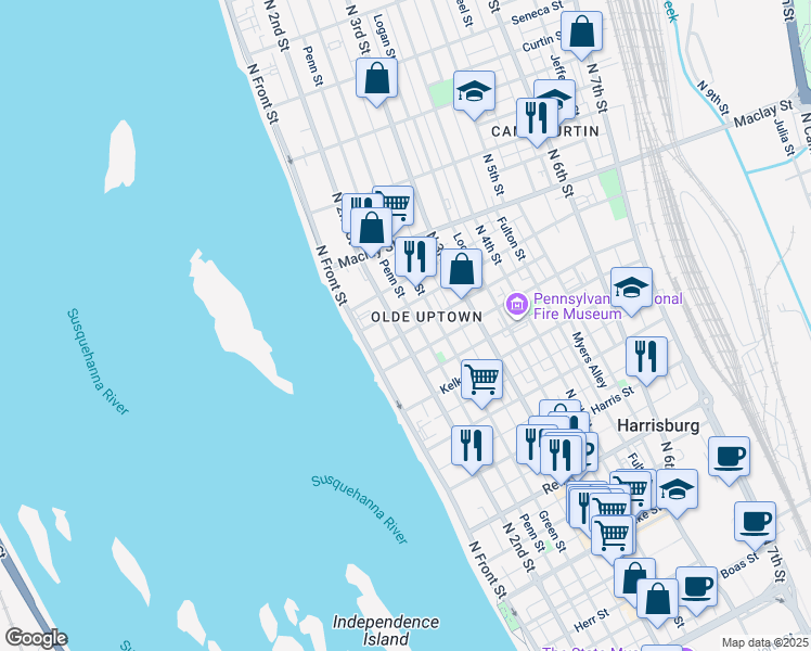 map of restaurants, bars, coffee shops, grocery stores, and more near 1925 North 2nd Street in Harrisburg