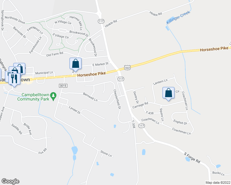map of restaurants, bars, coffee shops, grocery stores, and more near 34 Chesterfield Drive in Palmyra