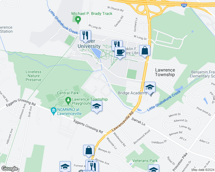 map of restaurants, bars, coffee shops, grocery stores, and more near 1605 White Pine Circle in Lawrence Township
