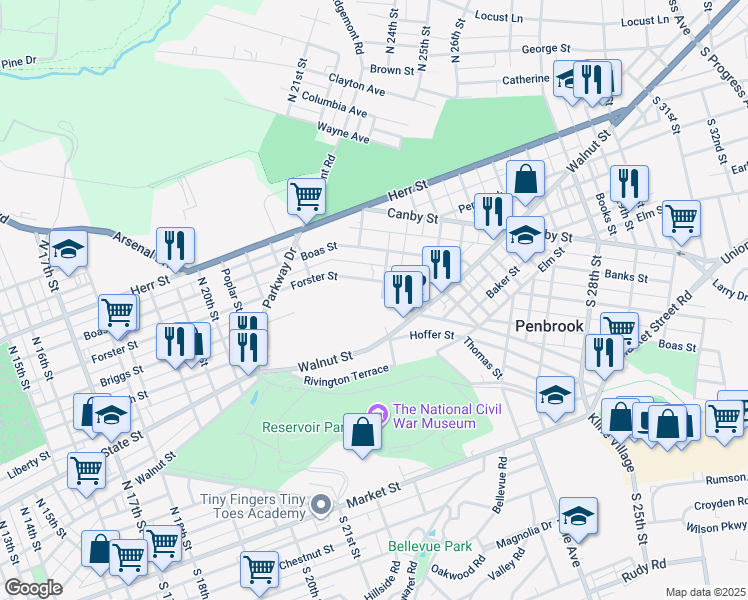 map of restaurants, bars, coffee shops, grocery stores, and more near 29 Spring Street in Harrisburg