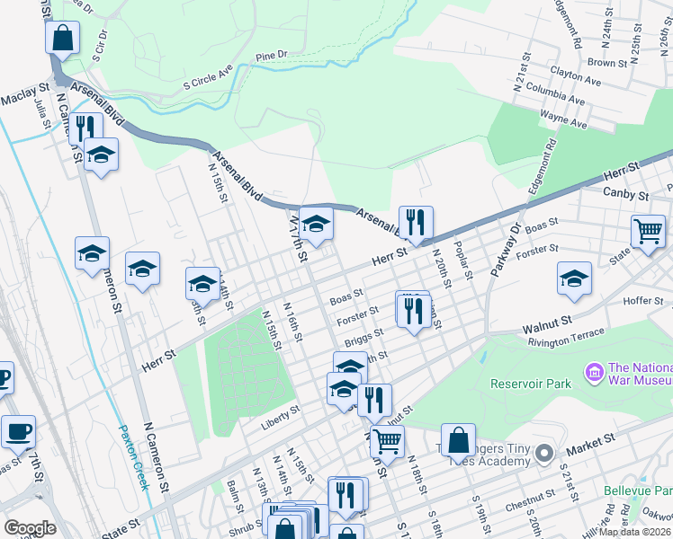 map of restaurants, bars, coffee shops, grocery stores, and more near 1734 Herr Street in Harrisburg