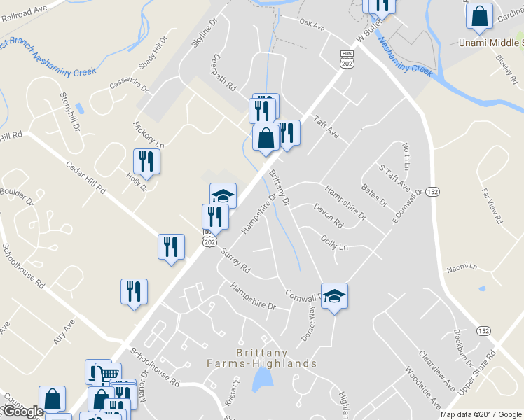 map of restaurants, bars, coffee shops, grocery stores, and more near 206 Hampshire Drive in Chalfont