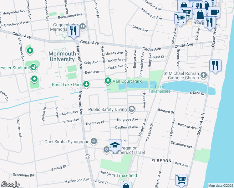 map of restaurants, bars, coffee shops, grocery stores, and more near 292 Overlook Avenue in Long Branch