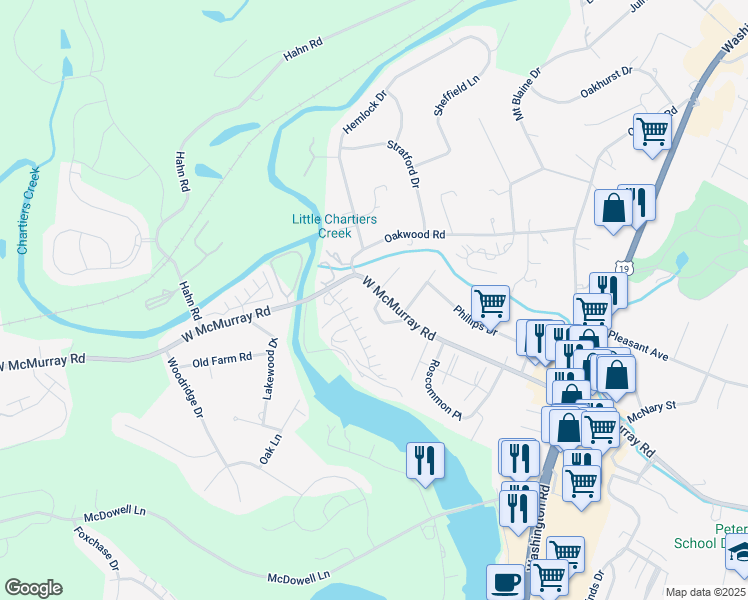 map of restaurants, bars, coffee shops, grocery stores, and more near 603 Carriage Hill in Canonsburg