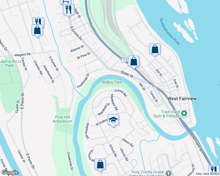 map of restaurants, bars, coffee shops, grocery stores, and more near 649 Erford Road in Camp Hill