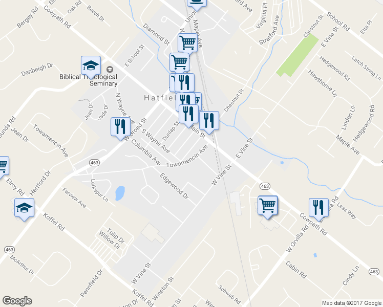 map of restaurants, bars, coffee shops, grocery stores, and more near 48 Lambert Street in Hatfield