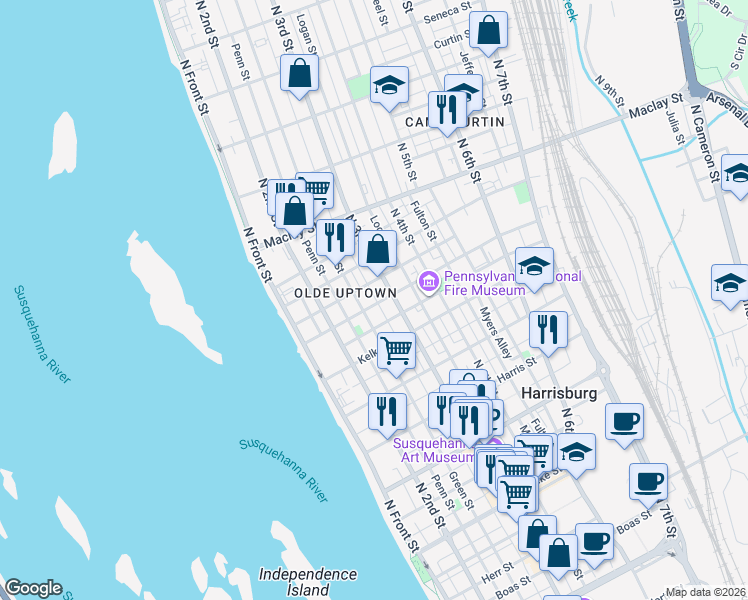map of restaurants, bars, coffee shops, grocery stores, and more near 1907 Susquehanna Street in Harrisburg