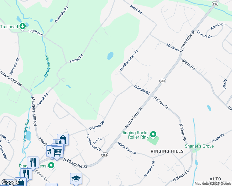 map of restaurants, bars, coffee shops, grocery stores, and more near 1921 Orlando Road in Pottstown