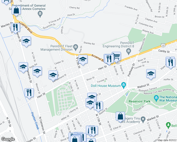 map of restaurants, bars, coffee shops, grocery stores, and more near 1736 Herr Street in Harrisburg