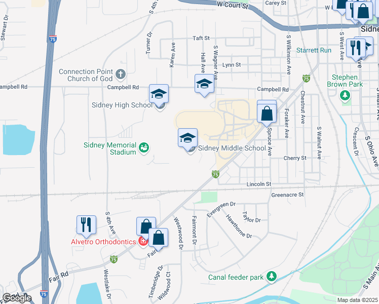 map of restaurants, bars, coffee shops, grocery stores, and more near 980 Fair Road in Sidney