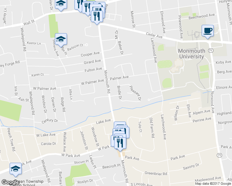 map of restaurants, bars, coffee shops, grocery stores, and more near 1 Old Farm Road in West Long Branch