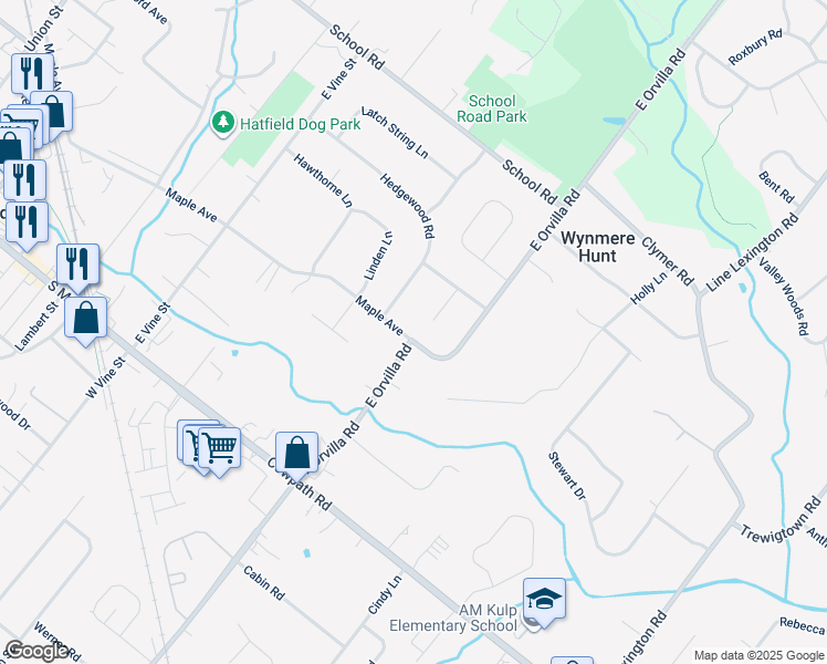 map of restaurants, bars, coffee shops, grocery stores, and more near 1407 Maple Ave in Hatfield