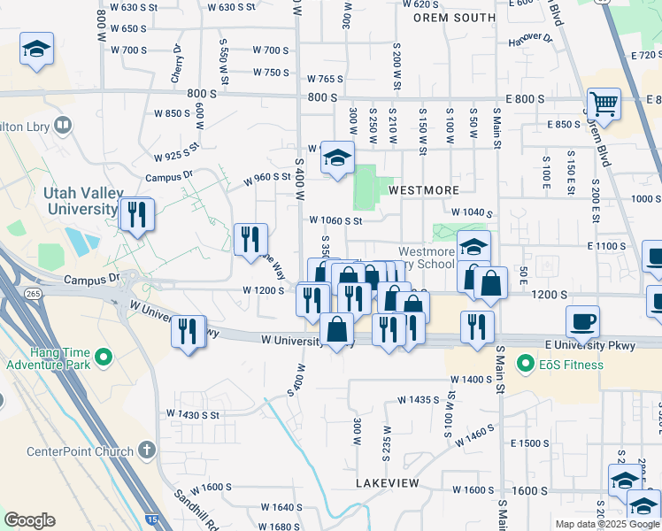 map of restaurants, bars, coffee shops, grocery stores, and more near 1145 South 350 West Street in Orem