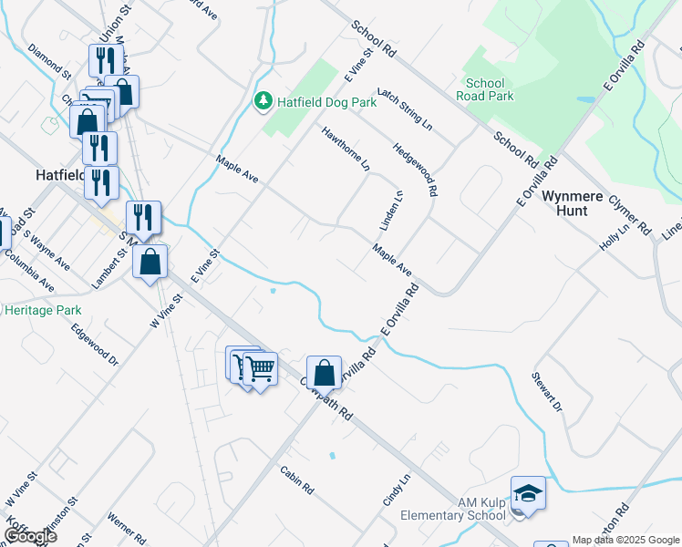 map of restaurants, bars, coffee shops, grocery stores, and more near 1616 Harvest Moon Lane in Hatfield