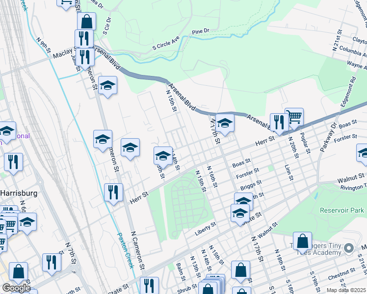 map of restaurants, bars, coffee shops, grocery stores, and more near 1302 North 15th Street in Harrisburg
